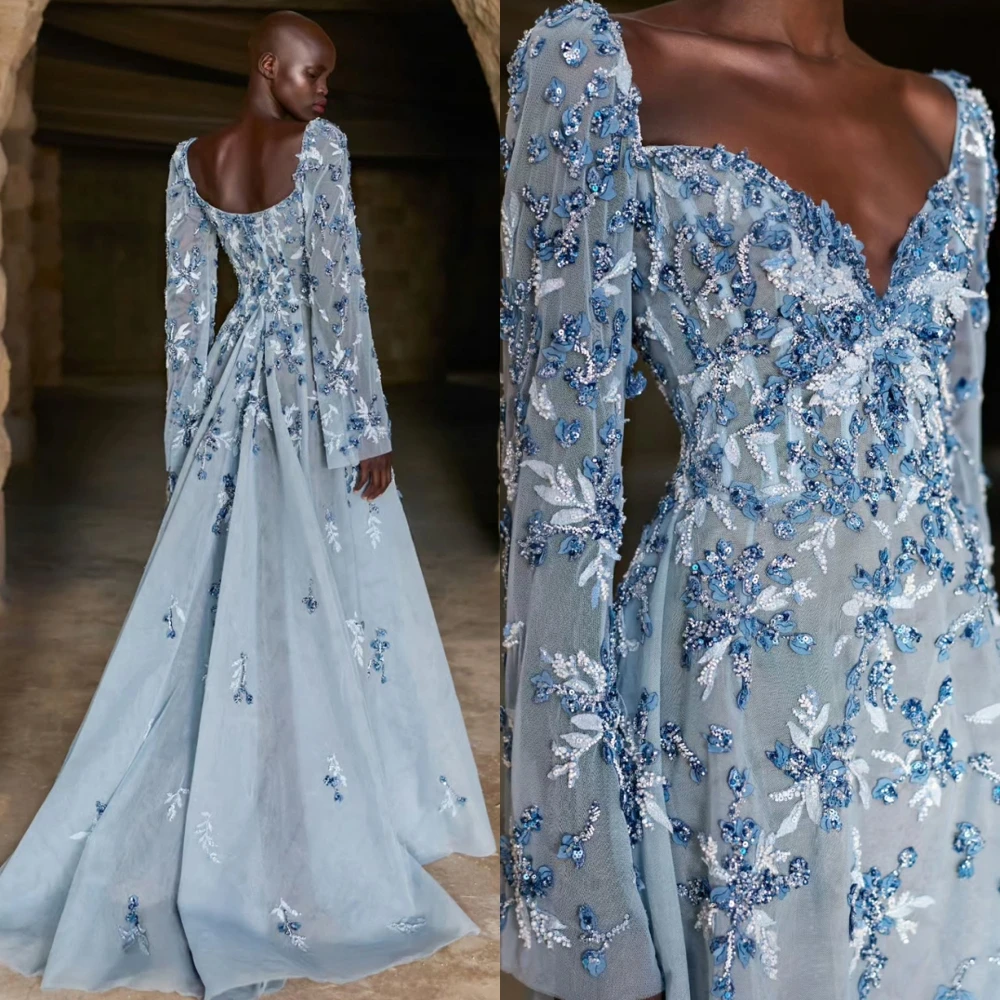 Customized Formal Chiffon V-Neck Evening Dress Exquisite Long Sleeves Prom Dresses Delicate Sequined Special Occasion Gowns