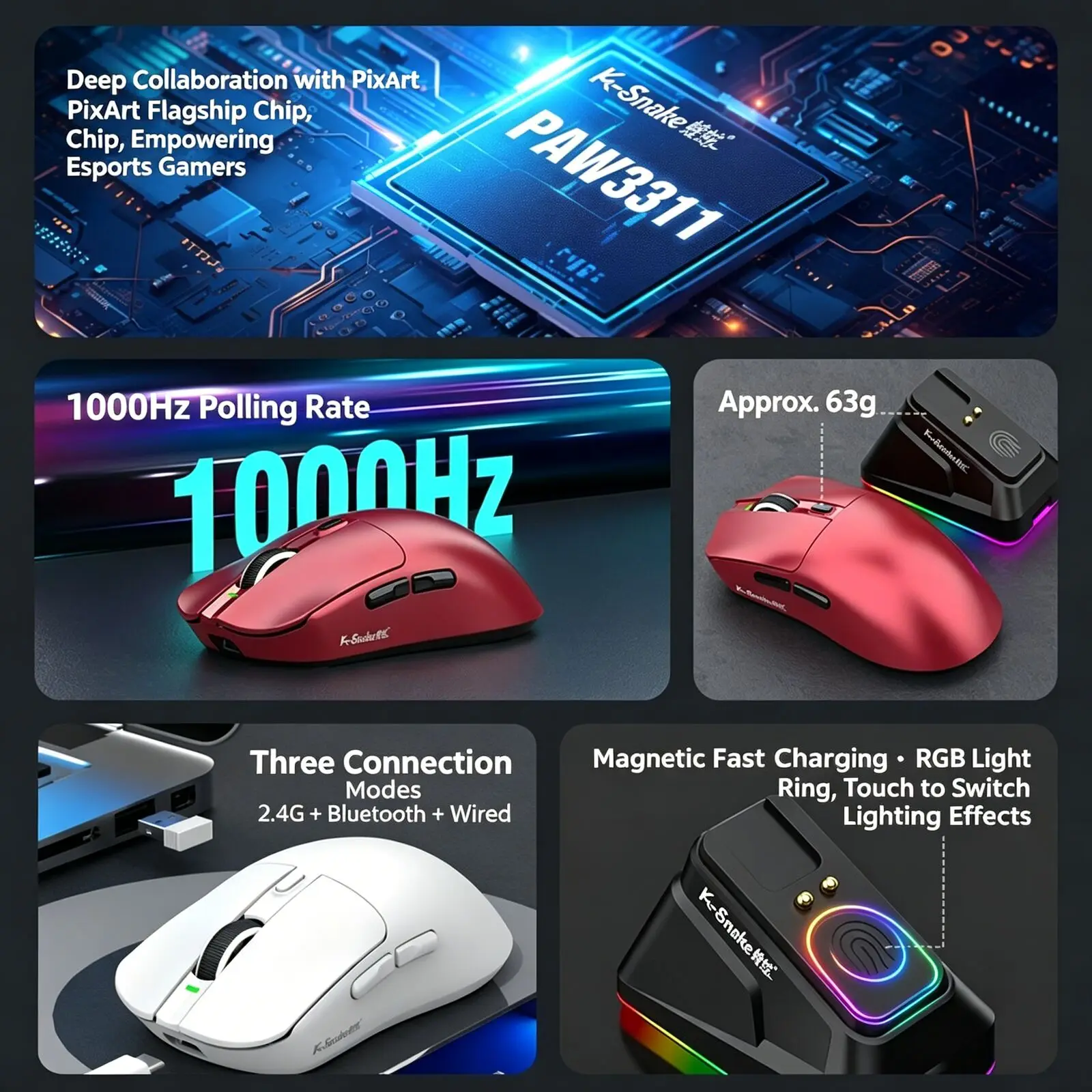 Wireless 60g Lightweight E-Sports Gaming Tri Mode Mouse Bluetooth Wired PAW3311 1000Hz Polling Rate Web Macro Programming Mice