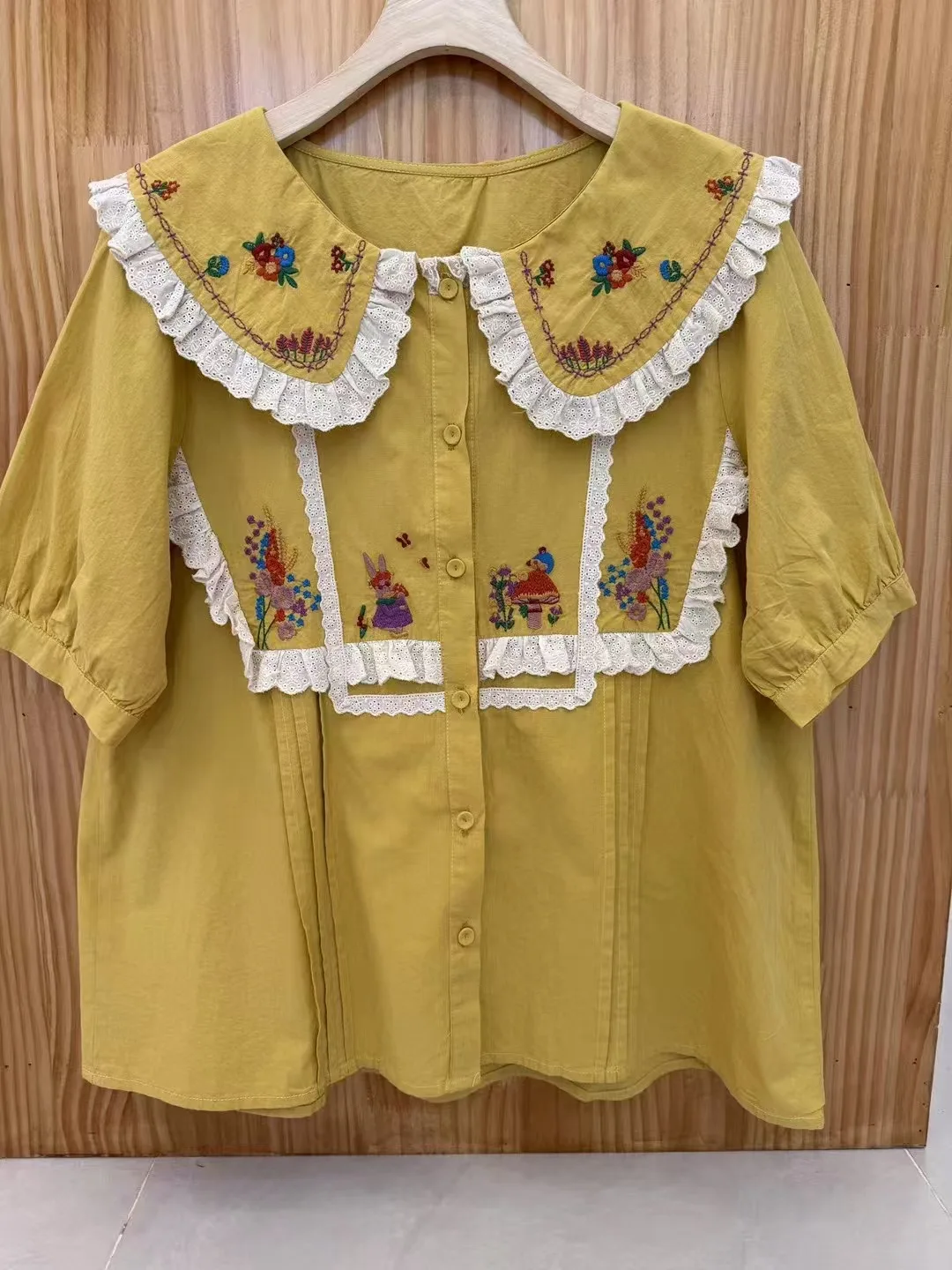 Japanese Sweet Mori Girl Lace Cartoon Embroidery Shirts Women Summer New Cute Peter Pan Collar Short Sleeve Casual Blouse Tops