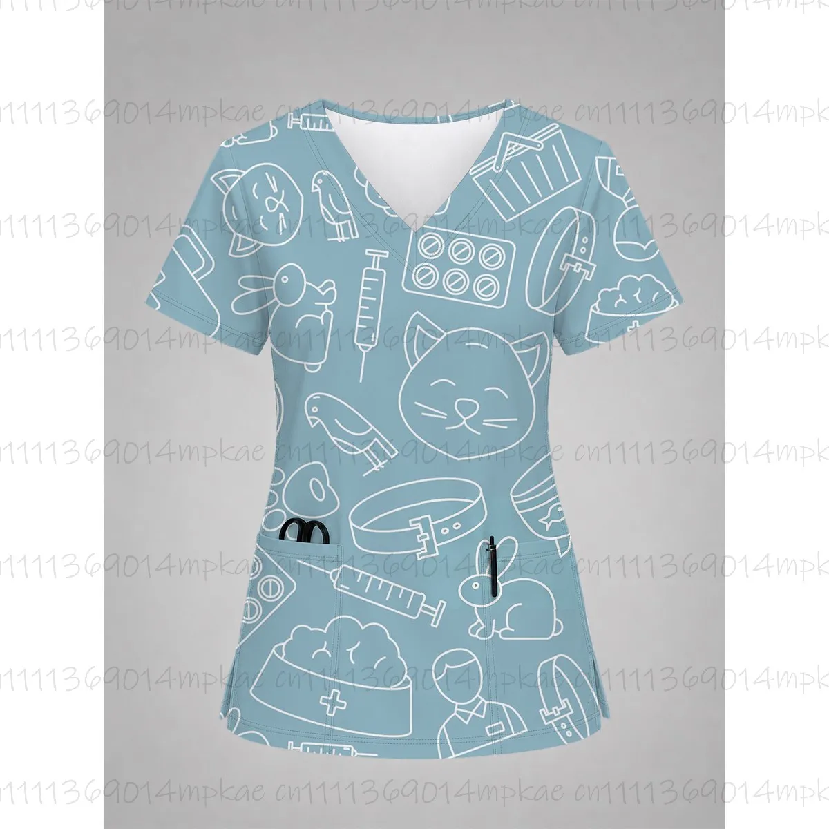 Summer Cartoon Animal Print Nurse Uniform Short-Sleeve Shirt Commute Work V-Neck Short-Sleeve Top Women's Pocket T-Shirt