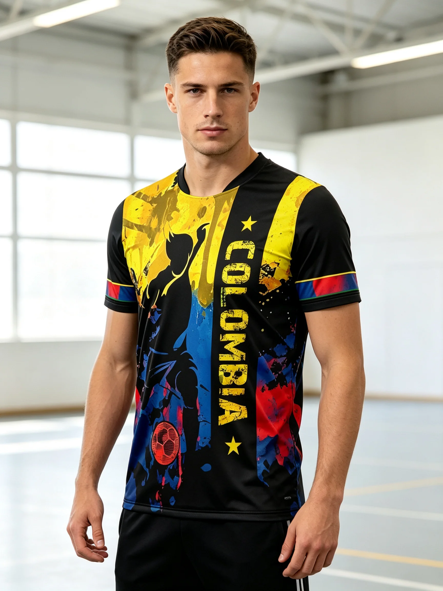 Colombia men's soccer jersey, trendy player print, quick‑dry, breathable & durable, multiple collars for sports and daily wear