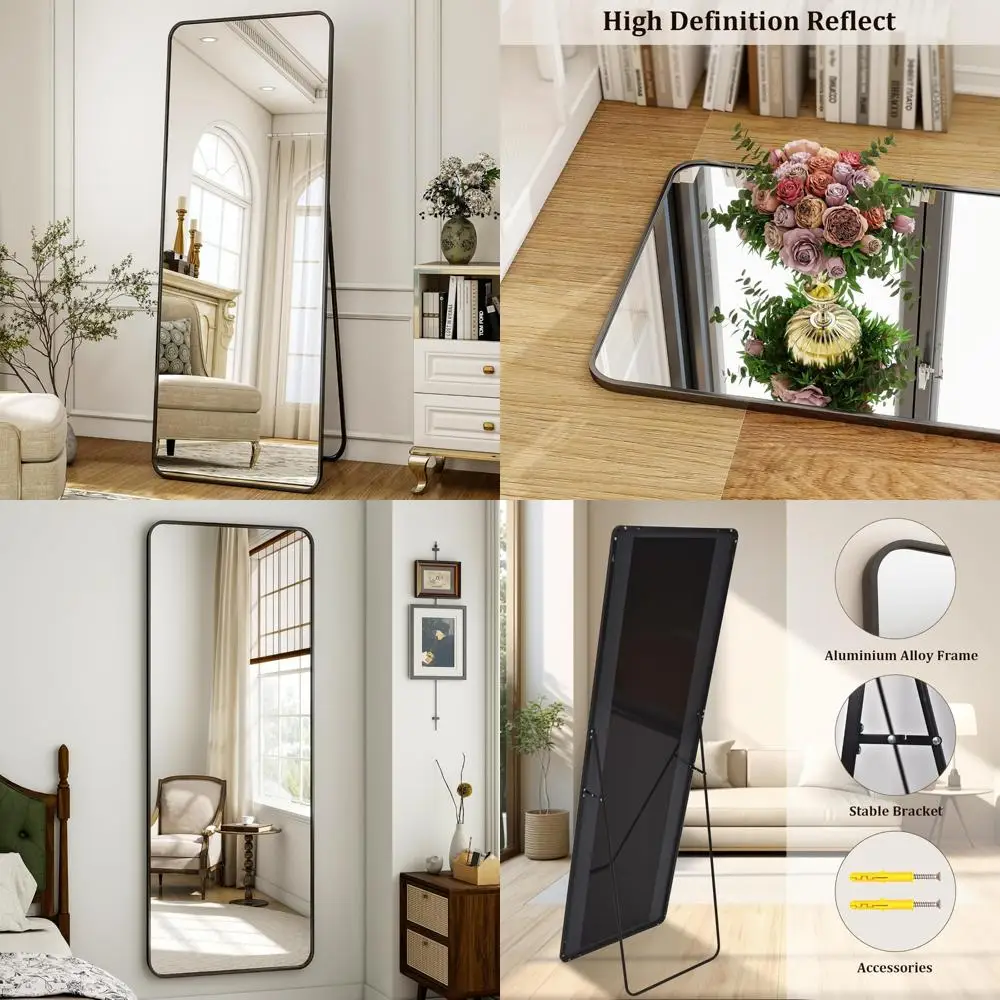Bodenspiegel in voller Länge mit Ständer, 16 x 59 Zoll, Rahmen aus mattierter Aluminiumlegierung, freistehend und an der Wand montierbar, Karosseriespiegel für