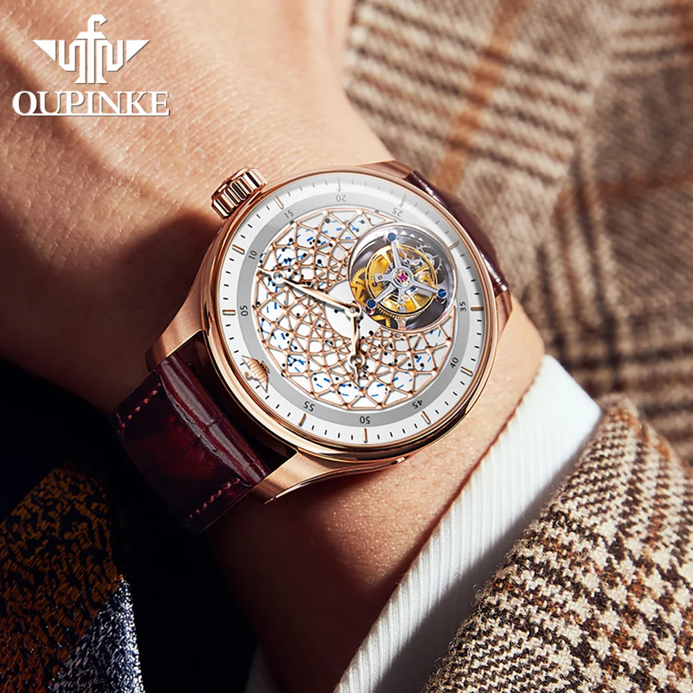 OUPINKE 8002 Men's Watches Top Brand Luxury Automatic Watch for Man Tourbillon Mechanical Movement Waterproof Sapphire Luminous