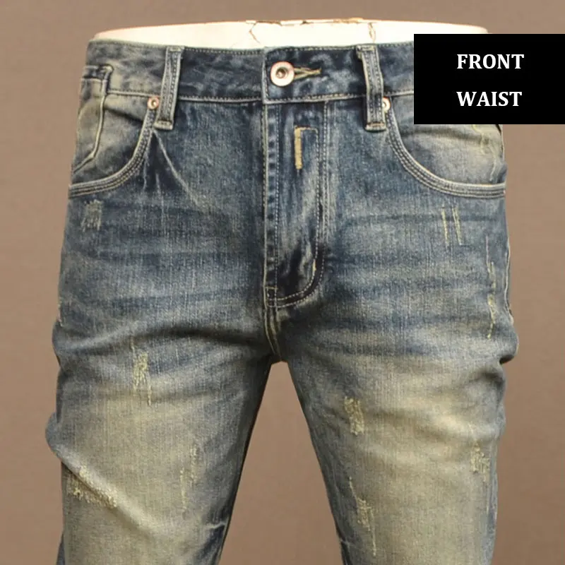 Italian Style Fashion Vintage Men Jeans High Quality Retro Washed Blue Stretch Slim Fit Ripped Jeans Men Designer Denim Pants