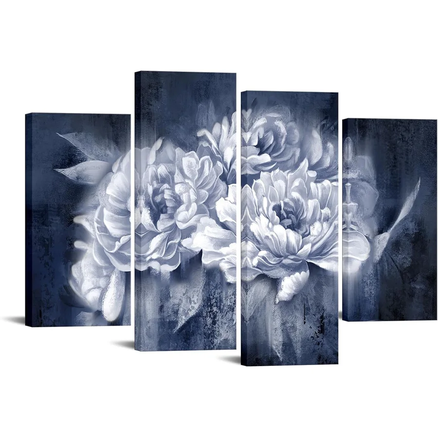 

Navy Blue diamond painting kits Living Room Decor Peony embroidery Painting Dark Blue Flower 4 pcs Wall Art mosaic handmade gift