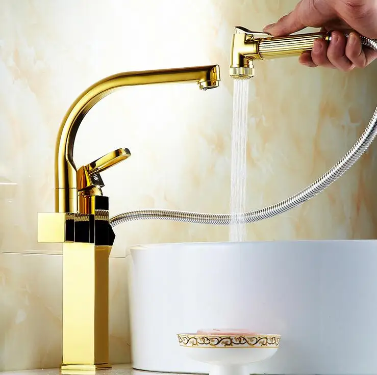 Gold plated stretched kitchen faucet pull down sink mixer, Rotated bathroom basin faucet cold hot, Copper long wash basin faucet