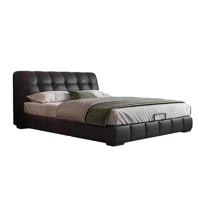 

‌Italian Minimalist King-Size Bed for Master Bedroom – Luxury Retro Black Upholstered Bed with Top-Grain Cowhide Leather