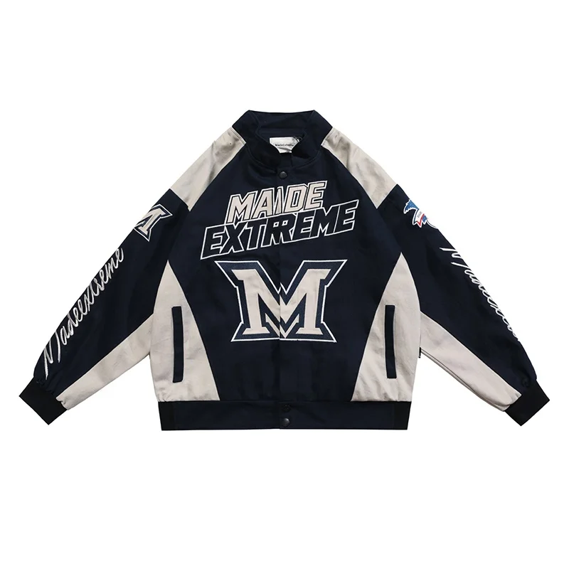 American hiphop embroidered motorcycle baseball jacket, men's and women's ins high street patchwork jacket, racing suit