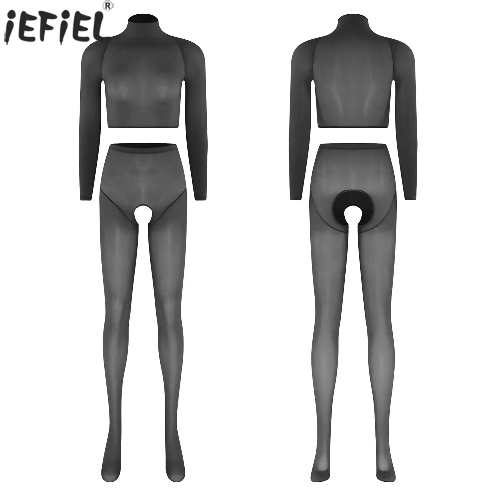 

Женский эротический комплект нижнего белья: прозрачный укороченный топ и колготки-чулки с открытым кроем, эластичная соблазнительная ночная одежда