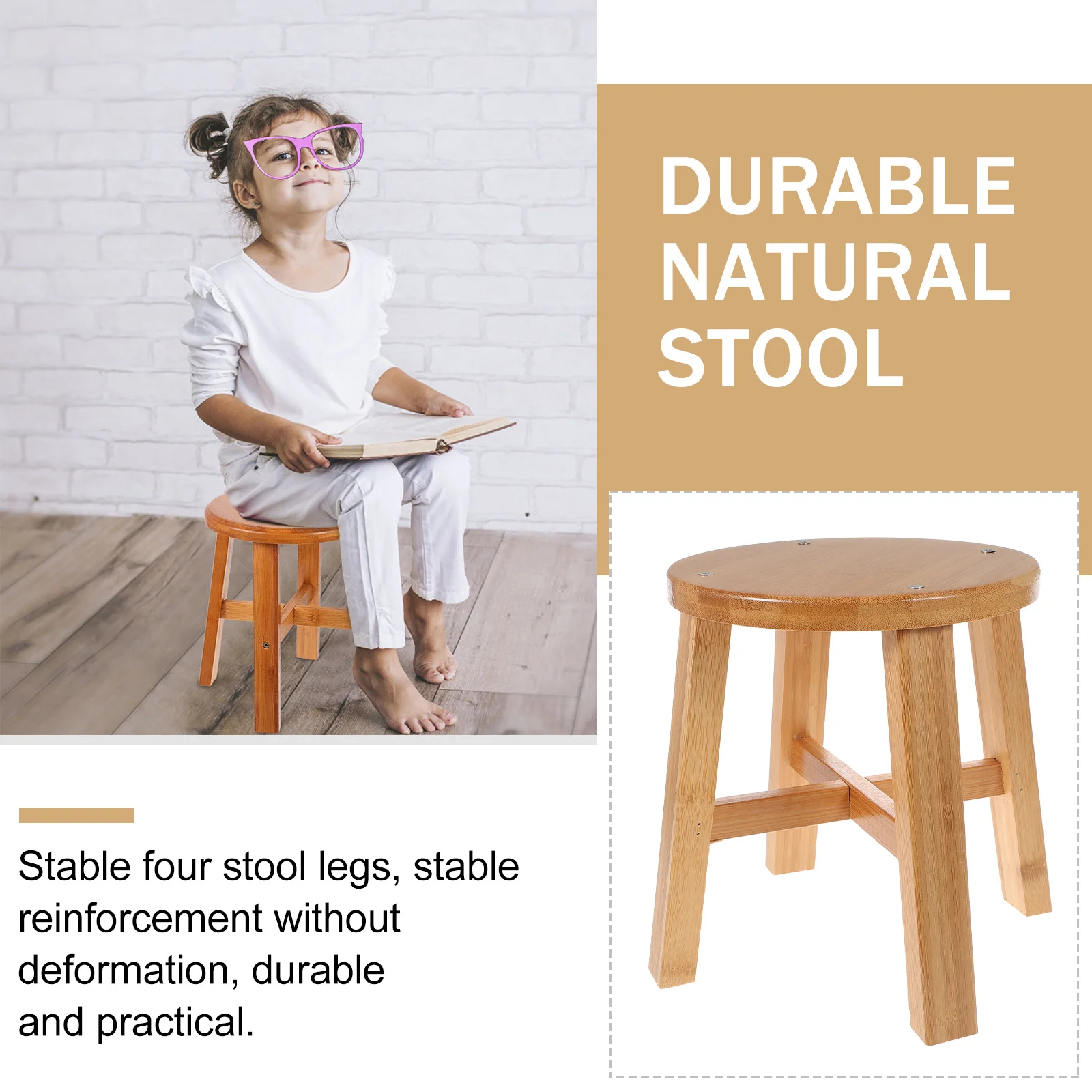 

1Pcs Square Bamboo Stool Solid Wood Brown Non-Slip Footstool Bathroom Household Simple Design Bamboo Stool