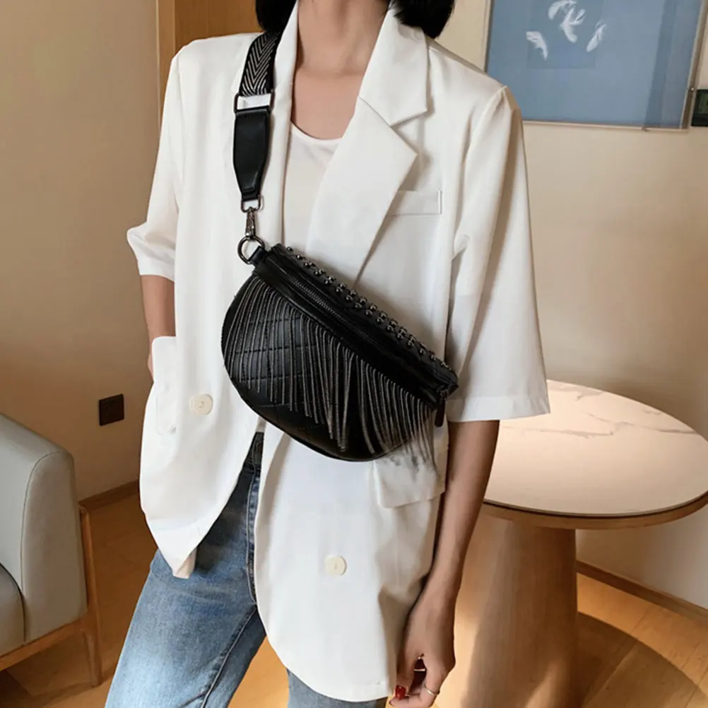 Lightweight Large Capacity Women Crossbody Fanny Pack Stylish Rivet Tassel Chest Bag for Travel Shopping Party Outdoor Use