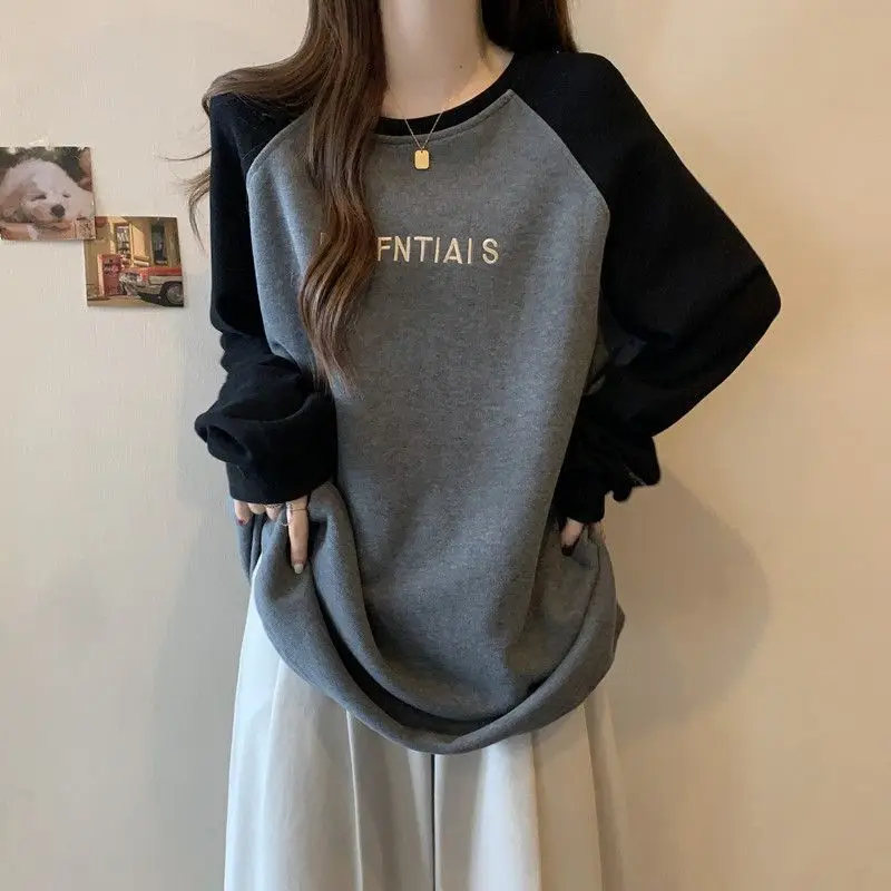 Spring Autumn New Patchwork Contrast Letter Printing Tops Long Sleeve O-neck Loose Casual T Shirts Fashion Vintage Women Clothes