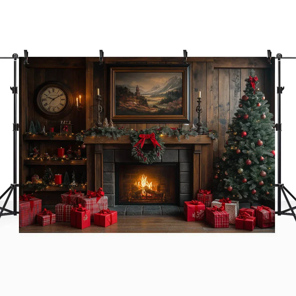 Mocsicka Christmas Photography Backdrop Wooden Wall Fireplace Xmas Tree Gift Box Family Portrait Photo Background Shooting Props