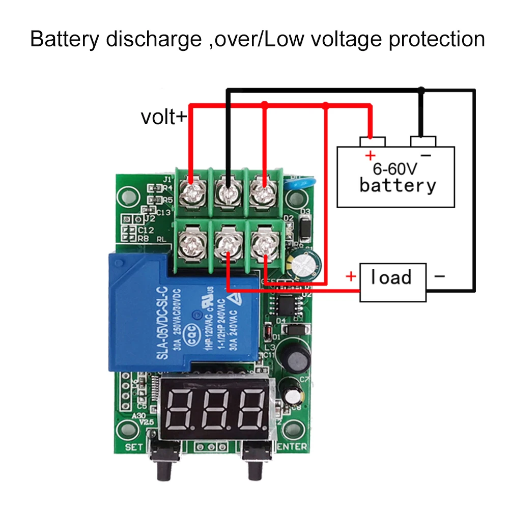 Voltage Relay, Blue, ABS Material, DC 6-80V Operating Power, 30A Contact Load, 0-999s Output Timer Range, 0-99.9V Voltage