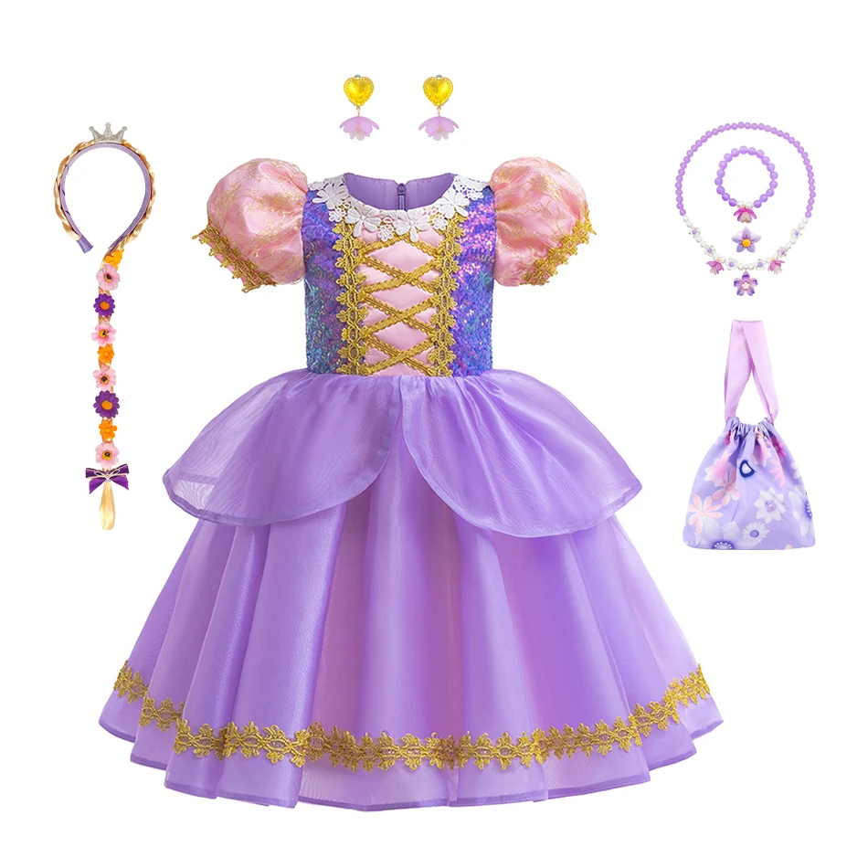 

New Girls Rapunzel Princess Dress Children Purple Sequin Puff Sleeve Dress Halloween Birthday Party Vestido Kids Birthday Costum