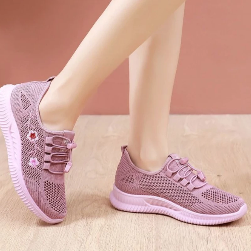 Breathable Mesh Floral Flats for Women Summer Soft Sole Non Slip Embroidered Slip on Casual Walking Shoes