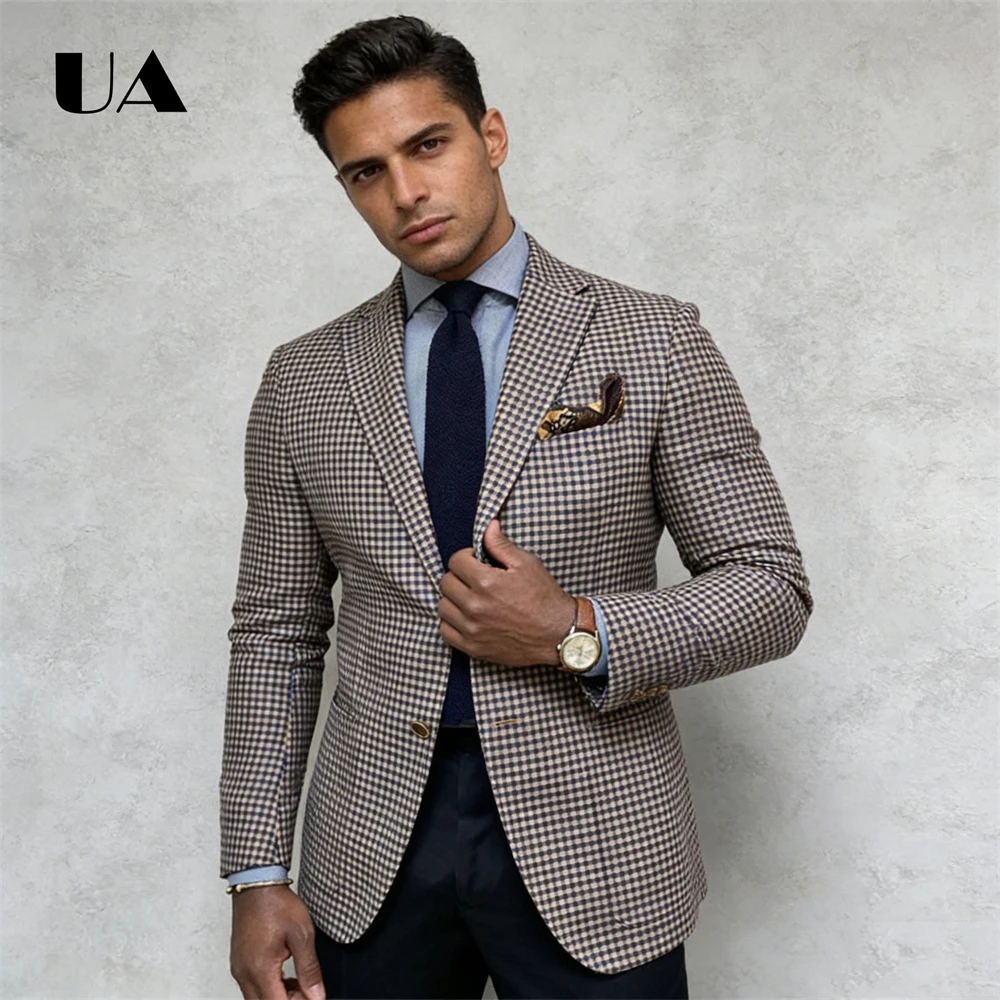 

Men Navy & Beige Gingham Casual Blazer Lightweight Slim Fit Notch Lapel Single-Breasted Summer Beach Date Trendy Outerwear