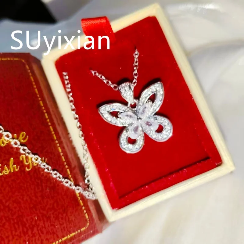 925 Sterling Silver Fashion Light Luxury Butterfly Zircon Pendant Necklace Birthday Party Anniversary Gift