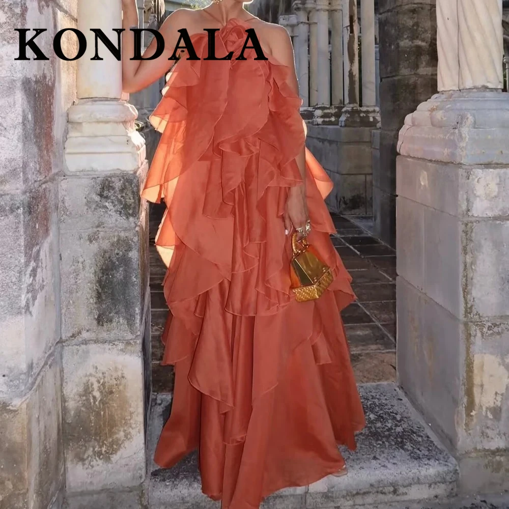 ชุดเดรสยาวเปิดหลังสีส้มลายดอกกุหลาบฤดูร้อน KONDALA แฟชั่น 2025 สายเดี่ยวทรงระบาย ชุดเดรสยาวสไตล์โบฮีเมียนสำหรับวันหยุดพักผ่อน Y2K