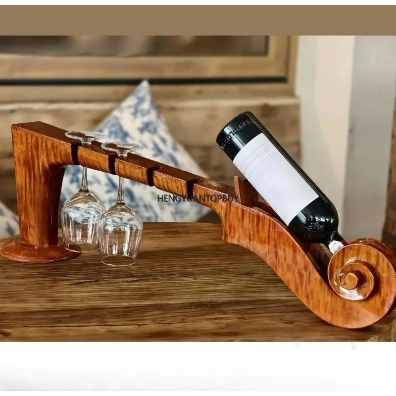 Violin-Inspired Solid Wood Wine Rack - Holder 1 Bottle & 4 Glasses, No-Assembly Tabletop Countertop Decor for Kitchen, Bar, Gift