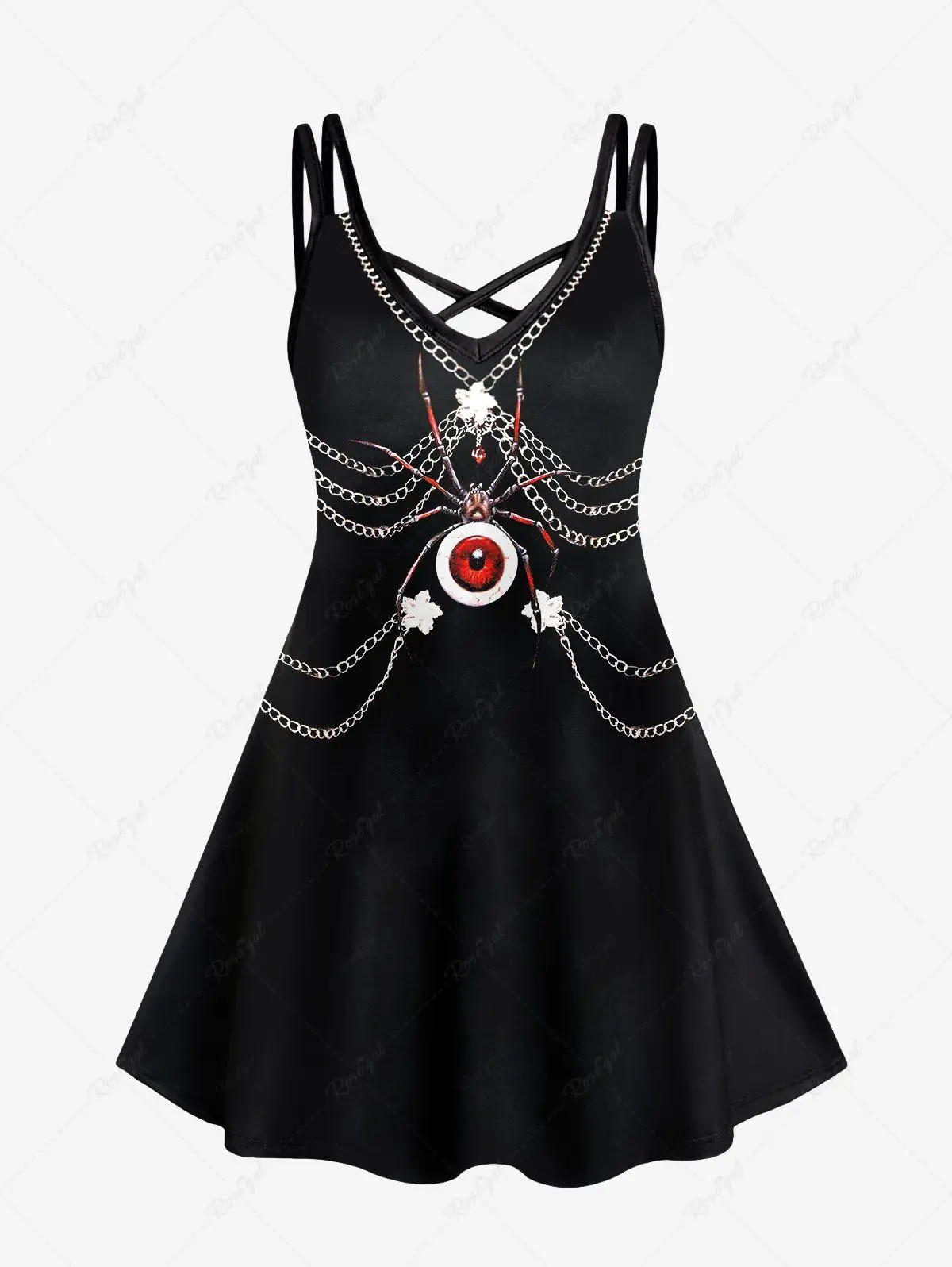 2023 New Plus Size Woman's 3D Spider Eye Chains Floral Print Halloween A-Line Casual Sleeveless Mini Crisscross Cami Dress XS-6X