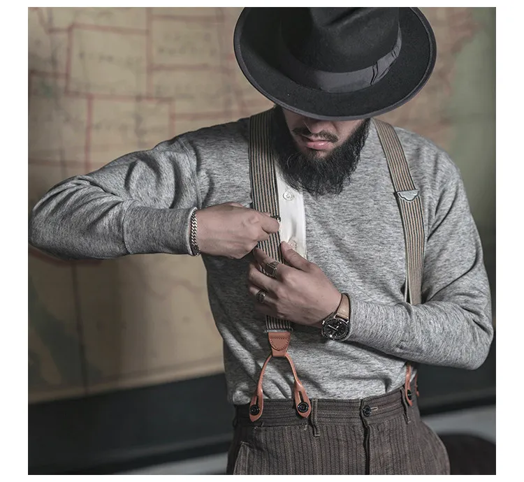 BRONSON Vintage Y Shape Suspenders, Old Time Patch Leather Braces, American Workwear Retro Shoulder Straps