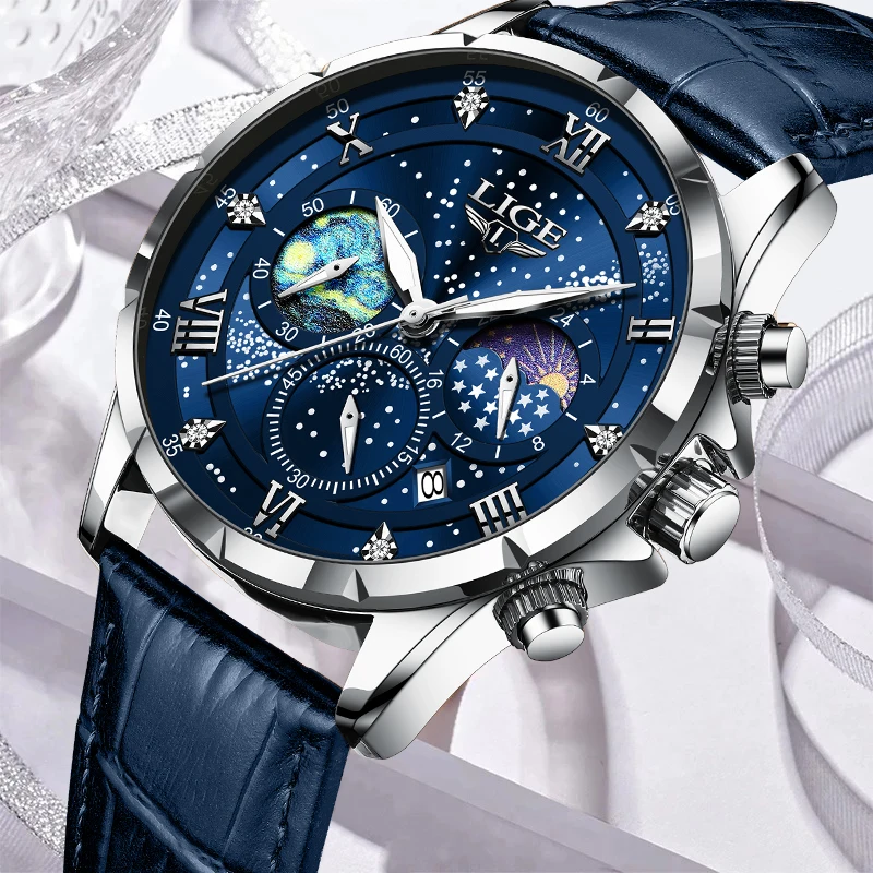 LIGE Fashion Elegant Woman Watch Classic Retro Casual Moon Phase Leather Belt Waterproof Luminous Quartz Watches for Women Gifts