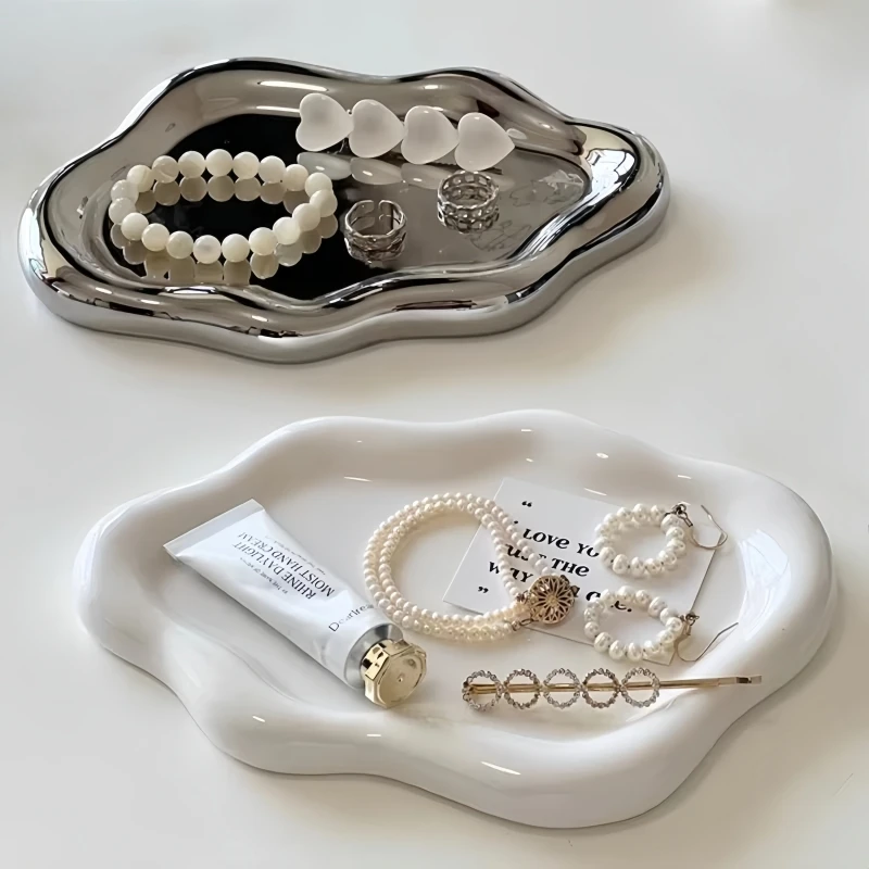 Creative Silver and White Two-Color Jewelry Tray, Simple Electroplating Storage Tray, Home Decoration Display Tray