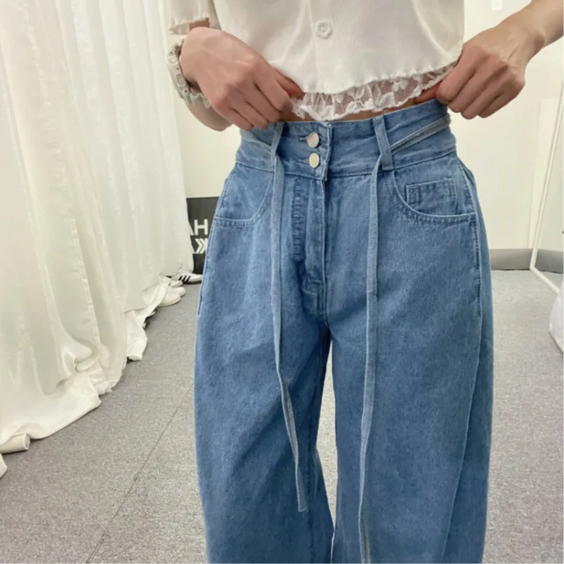 Fashionable Youthful Washed Loose Straight Leg Jeans Belted Pleated Lines Casual High Waist Wide Leg Blue Cotton Denim