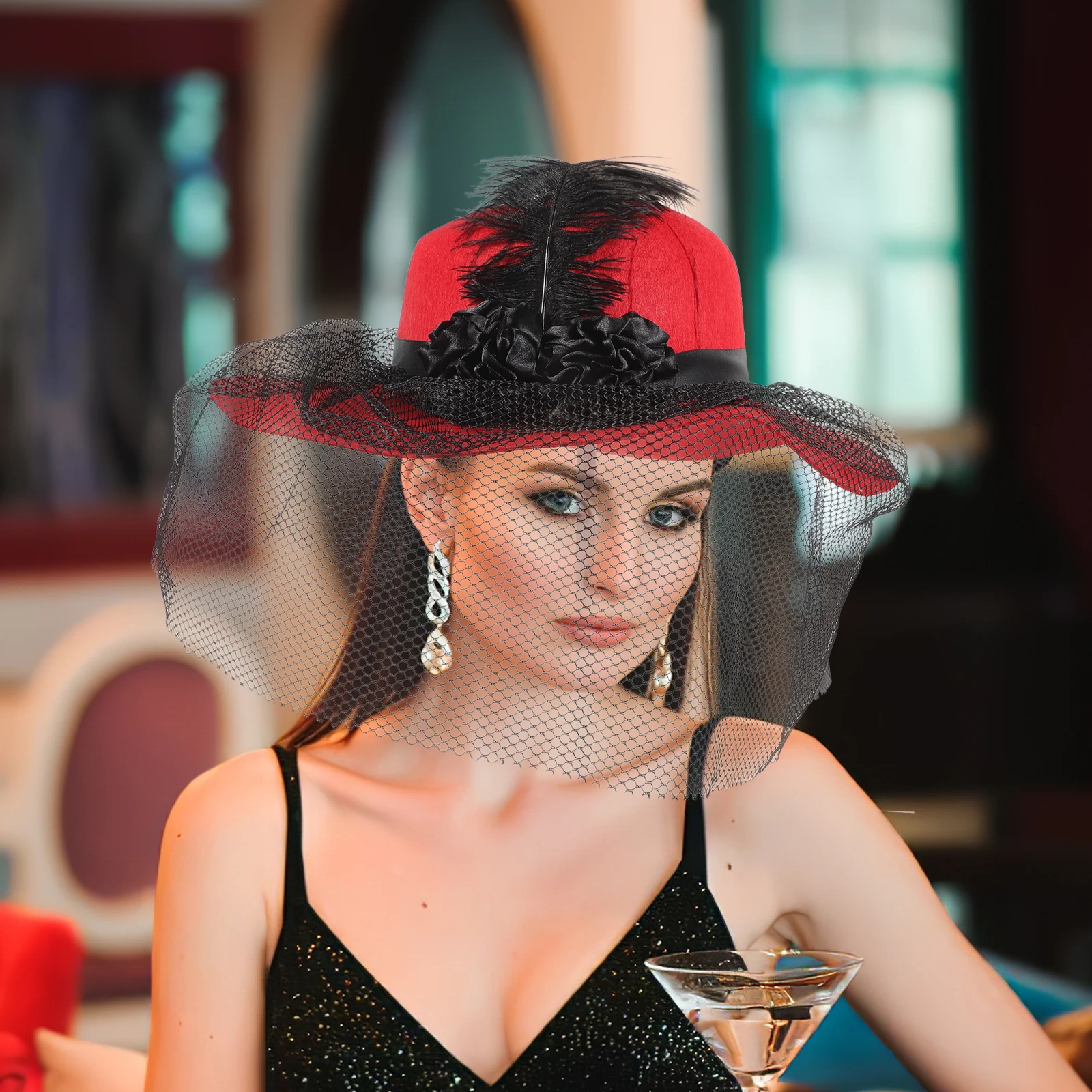 

Mesh Party Hat Red Color Elegant Fascinator Women Wedding Gauze Tea Party Bride Hat Decoration Ribbon Accessories