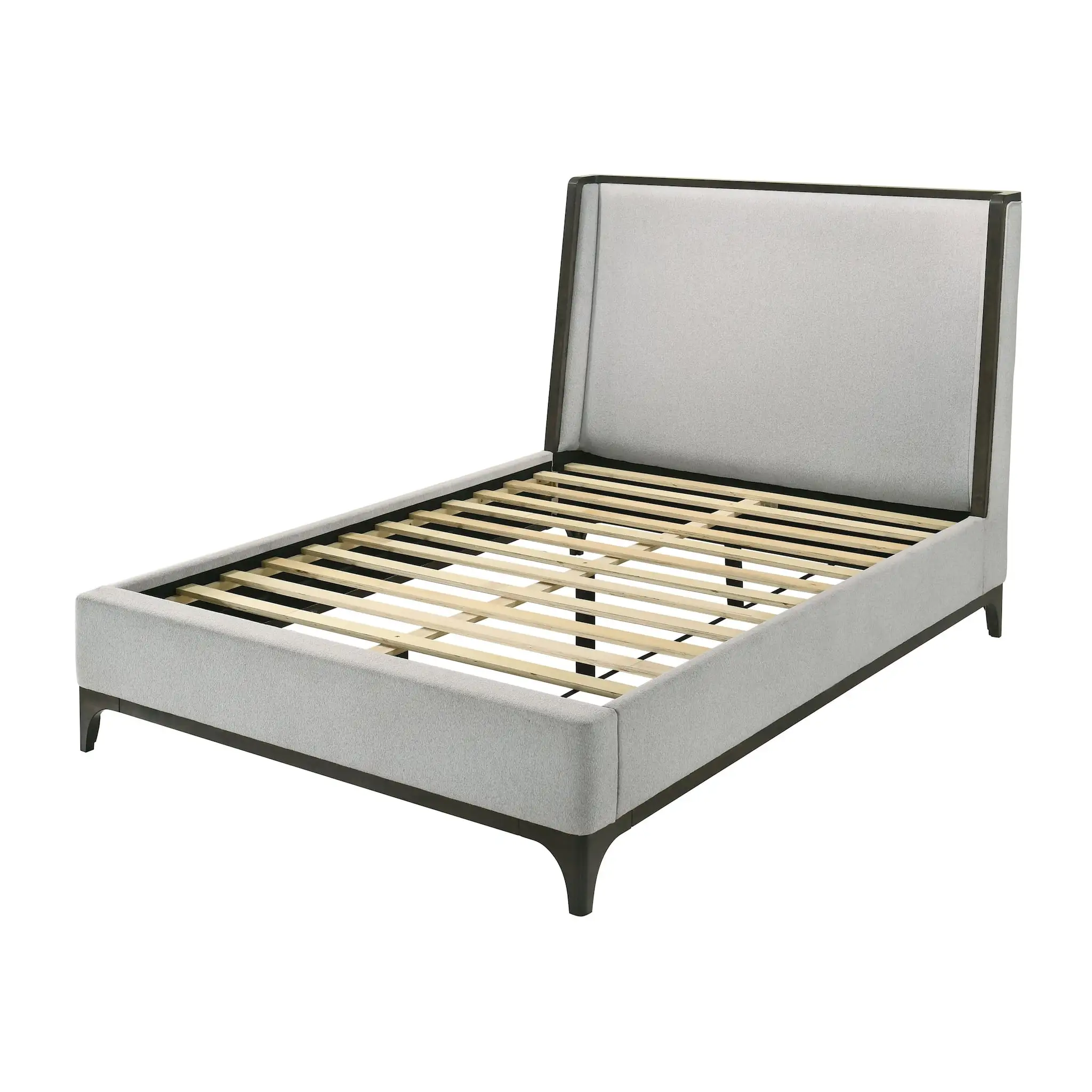 

！@Modern King Size Adjustable Upholstered Wing Back Bed Gray Wooden Trim Premium Fabric Furniture