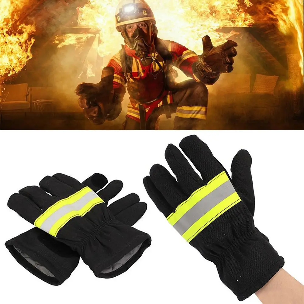 Black Fireman Gloves Firefighter Training Reflective Strap Fire Resistant Gloves Wear-Resistance Thicken Fire Proof Gloves