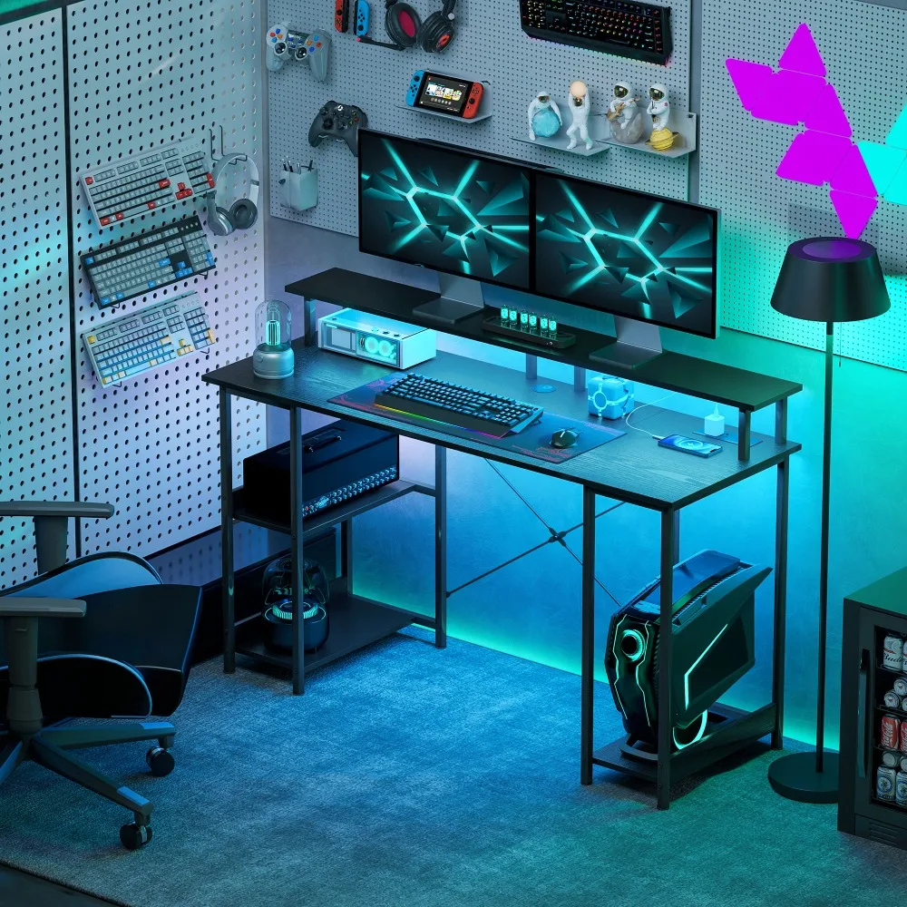 

Sleek Ergonomic Computer Desk with RGB Lighting & Reversible Storage – Distressed Black Finish