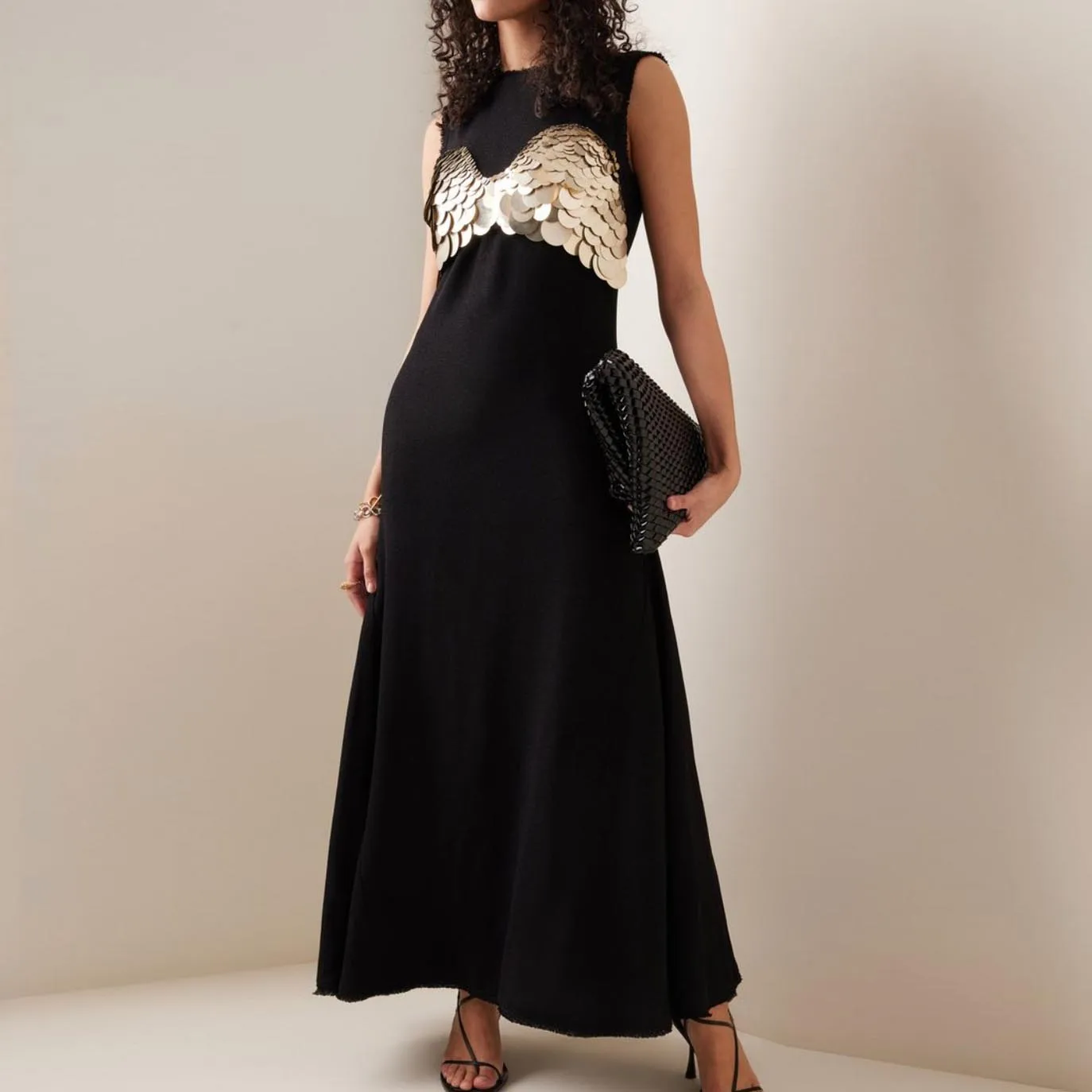 

O-neck Satin Dress A-line Long Evening Dress Ankle Length Women Clothing With Fish Scale Sequins Sleeveless Prom Dress Zipper