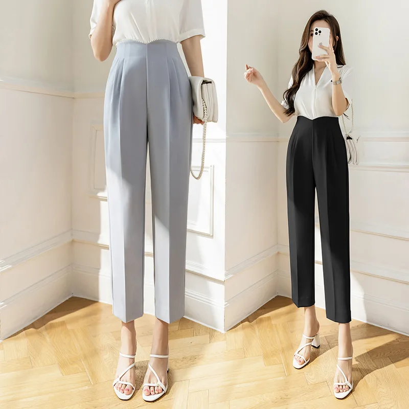 Real Shot Video Three Standard Niche Temperament Casual Suit Pants Female 2022 New High Waist Ankle-Length Cigarette Pants OL