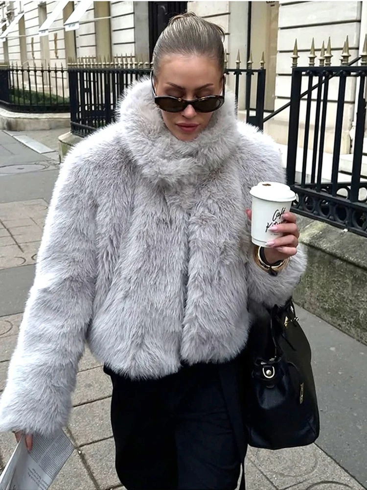 

ZADORIN Elegant Woman Faux Fur Coat Stand Collar Loose Casual Short Furry Jacket Woman Coats Winter Fur Top Plush Fur Faux Coats