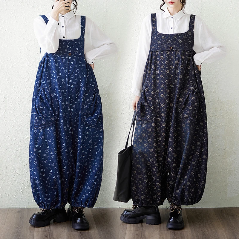 Fall Winter plus Size Fashion Retro Fat MM Overalls Two-Way Wear Denim Print Tissue Dress High Waist Cotton Long Skirt