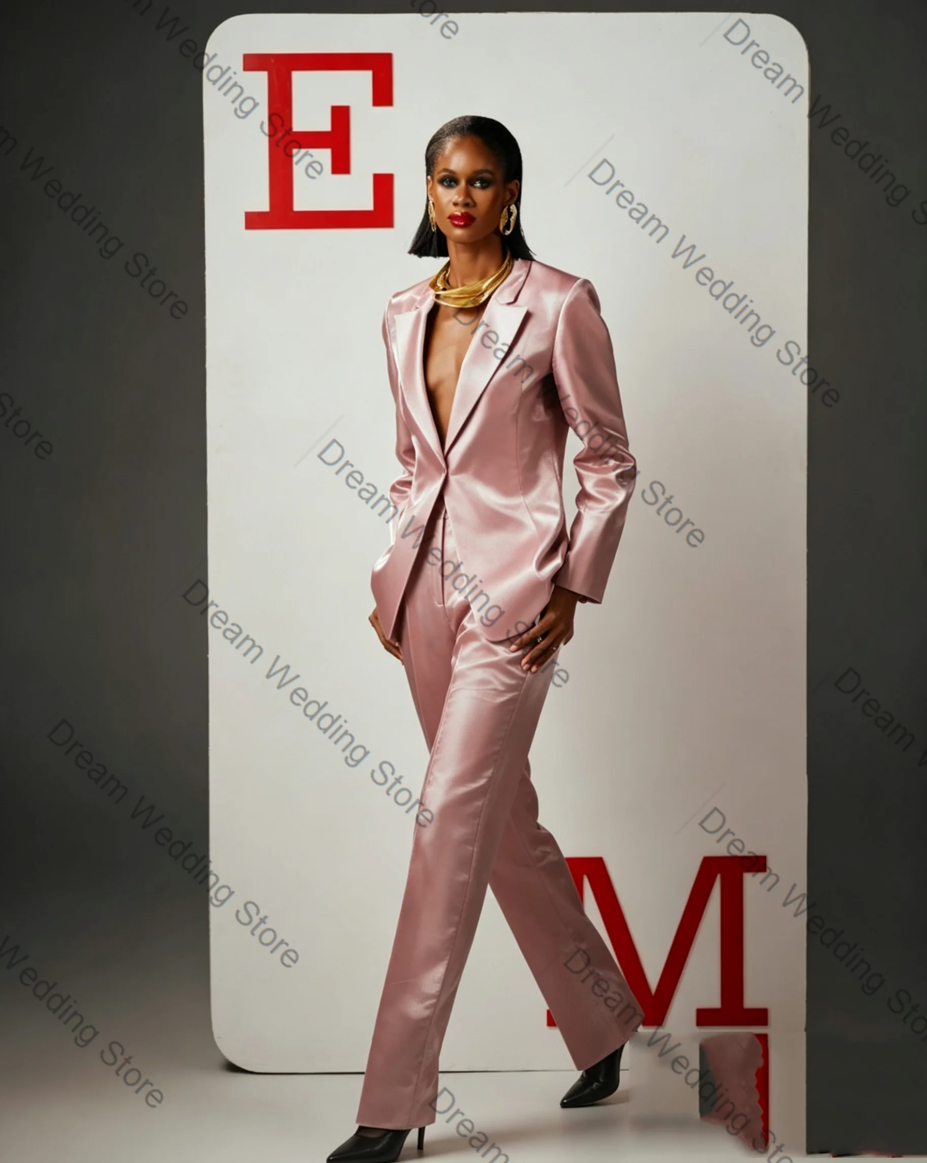 

Pink Satin Women Suit Set 2 Pcs Blazer+Pants Trousers Spring Autumn Formal Office Lady Jacket Customized Wedding Guest Coat