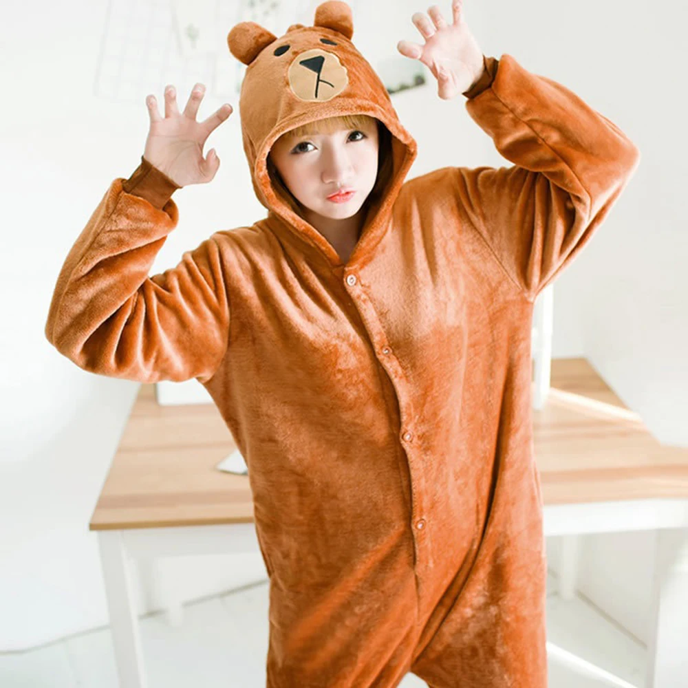 Lovely Brown Sloth Bear Button Onesie Couple Sleepwear Hooded Flannel One-piece pajamas Comfortable Leisure wear Women