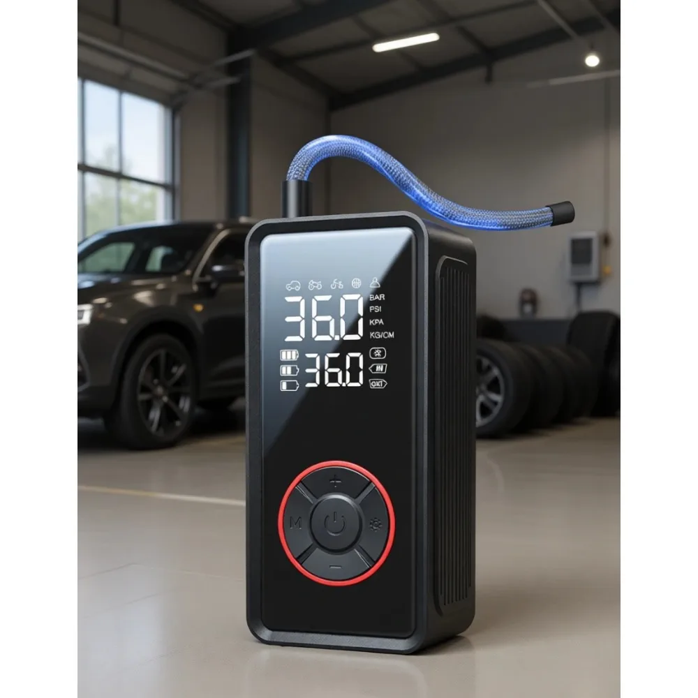 

Портативный автомобильный компрессор для быстрой накачки шин с LED-подсветкой, автоматическим отключением и 4 насадками для авто, мотоциклов, велосипедов и мячей