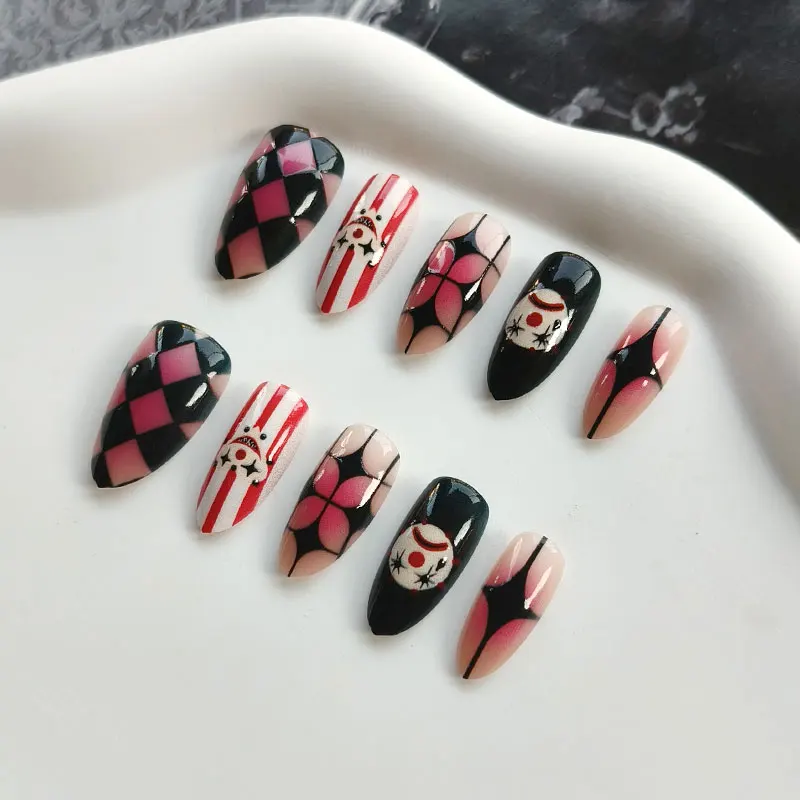 10 Stück niedliche, verspielte Clown-Maske, zum Aufkleben, künstliche Nägel, für Mädchen und Damen, abnehmbare Nagelspitzen, Karneval, süß, cool, Party – Detail 10