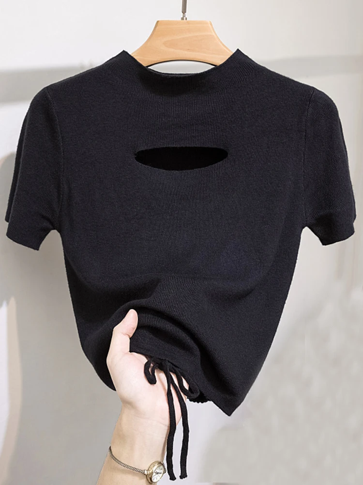 

2024 Hollow-out Solid Pullover Women Female Summer Thin Knitted Turtleneck Sweater Cuaual Slim Short Sleeve Bodycon Sweaters