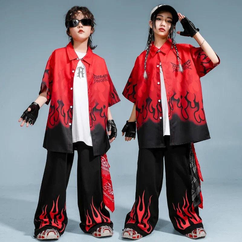 Hip Hop Outfit Jungen Flamme Shirt Street Dance Jogger Hosen Mädchen Feuer Bluse Kinder K-pop Streetwear Kinder Kostüme Kleidung set