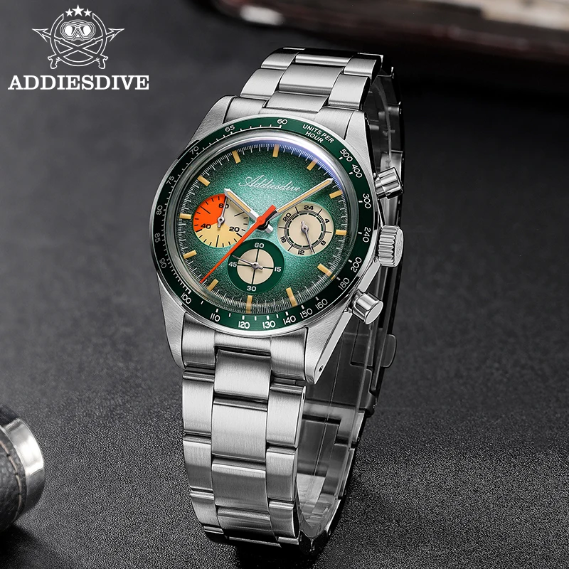 ADDIESDIVE Quartz Watches For Man High Quality Chronograph 37mm Aluminum Bezel Tachymeter Sports Watch 100m Waterproof Luminous