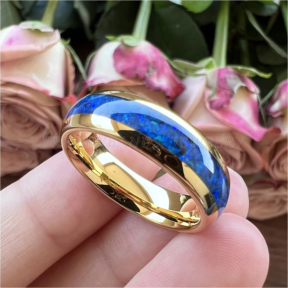 6 mm 8 mm Ringe für Männer und Frauen, Wolfram-Ehering, Modeschmuck, blaue Opal-Inlay, gewölbt, poliert, glänzend, bequeme Passform – Detail 2