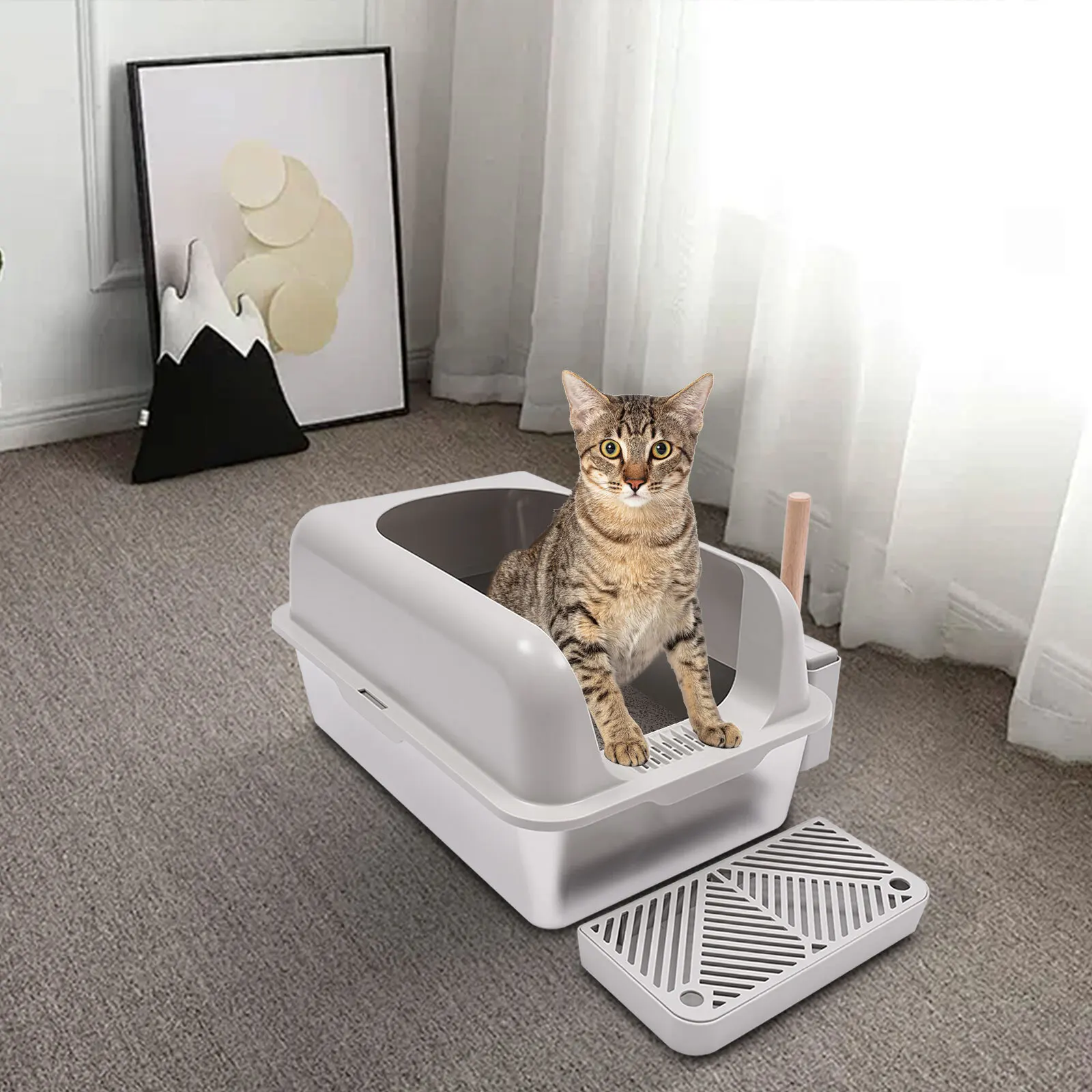 

20L Stainless Steel Cat Litter Pan 40.8*60.8*29.3cm Large Litter Box with Guardrial Scoop