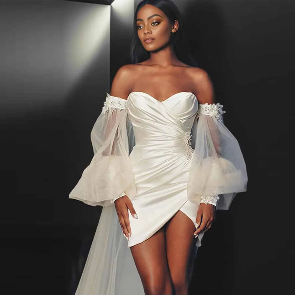 Romantic Bespoke Wedding Dresses Satin Sheath/Column Wedding Party Dress Ivory Sweetheart Pleat Beads Puff Sleeve Wedding Dress