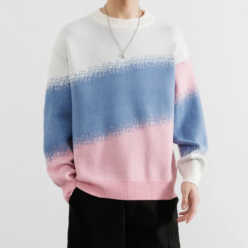 

Осень-зима 2025 года, мужской свитер с круглым вырезом, мужской свитер контрастного цвета, пуловер, мужская уличная одежда, повседневные вязаные свитера