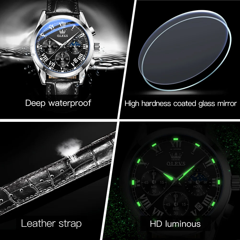 OLEVS 2871 Men Watches Brown Leather Top Brand Luxury Date Waterproof Luminous Chronograph Quartz Watch Men Relogio Masculino