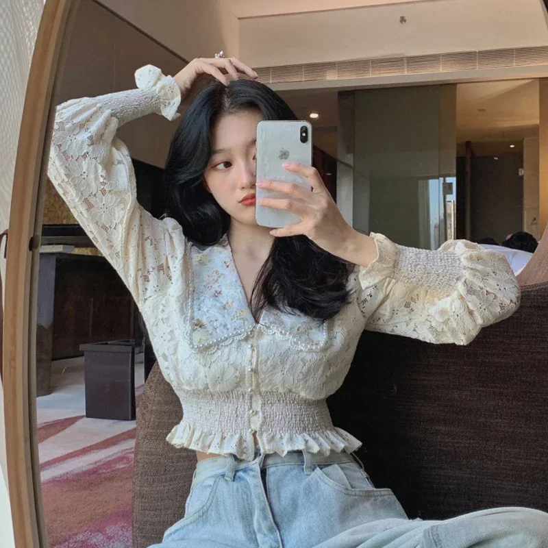 

Woherb Embroidery Flower Women Crop Blouse Long Lantern Sleeve Cropped Shirt Female Chic Korean Blouses Elegant Lady Blusas Z729